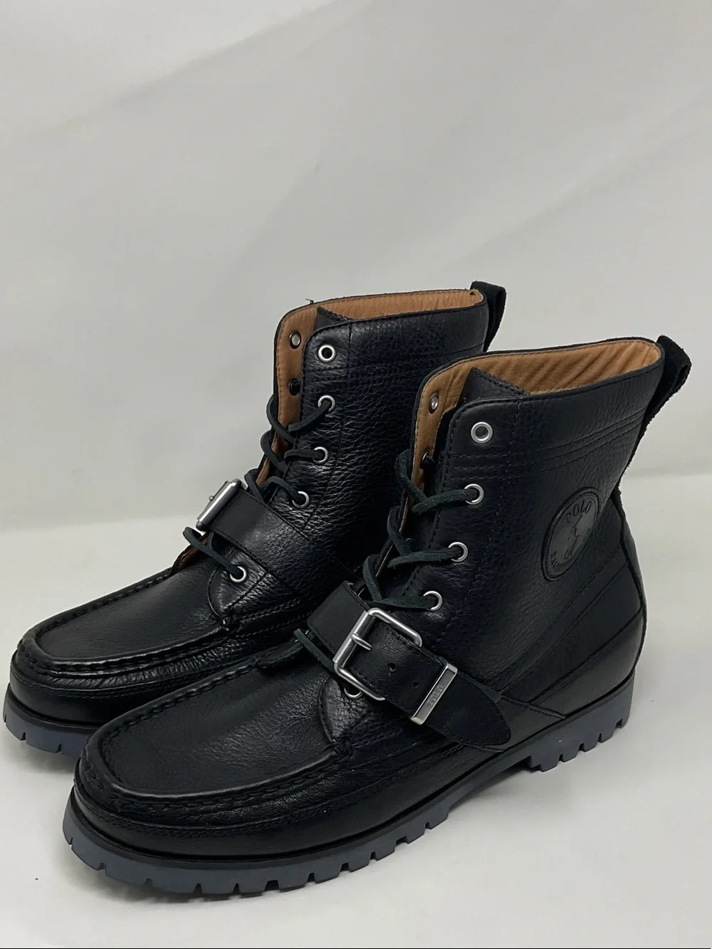 Polo Ralph Lauren Men's Black Leather Lace-Up Buckle Boots
